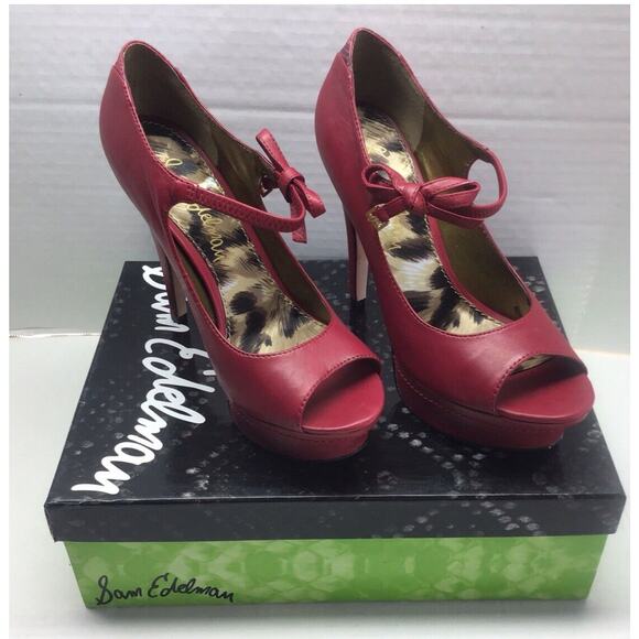 Edelman Red Leather Poppy Stilettos Peep Toe Platform Bow Ankle Strap 7.5 & Box - Picture 1 of 12